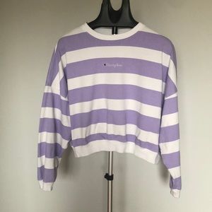 Champion White Purple Striped Cotton Cropped Long Sleeve Top Sz XL